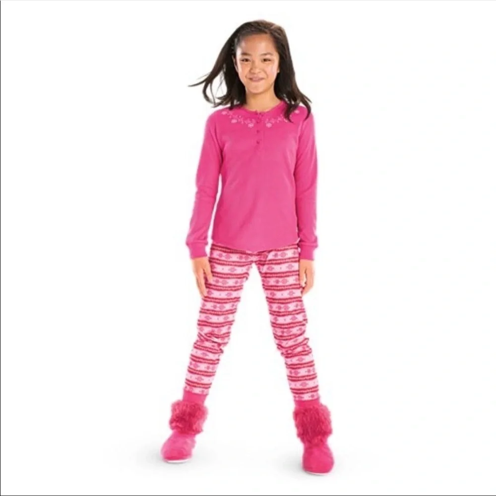 American Girl Pink Thermal Fair Isle Pajamas XS 6x with matching doll pajamas